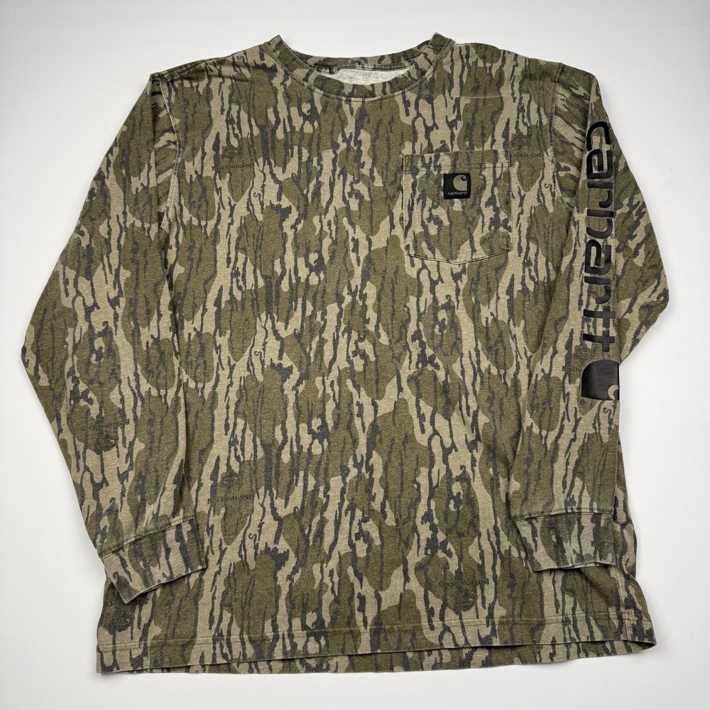 Carhartt Shirt Mens Medium Green Camo Long Sleeve Pocket Loose Fit Bottomland